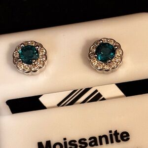 Moissanite Silver and Emerald Stud Earrings